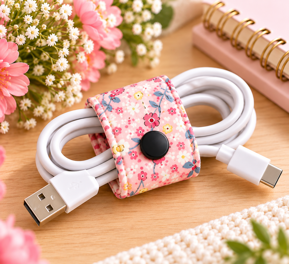 Handmade Fabric Cable Organizer – Reusable Snap Cord Holder, Floral & Denim Cable Wrap, Travel Tech Accessories, Stocking Stuffer Gift
