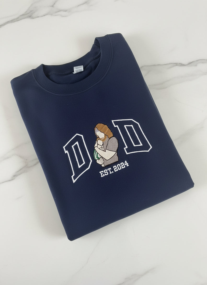 Personalized Dad Photo Embroidery Sweatshirt – Custom Father & Child Portrait, Minimal Line Art, Meaningful Dad Gift