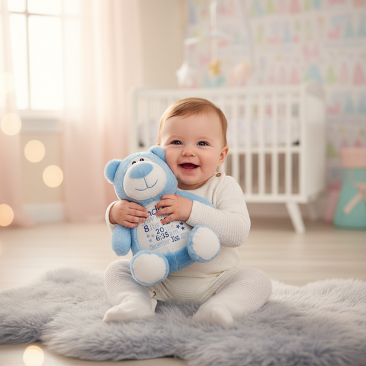 Personalized Blue Bear with Embroidered Name – Custom Stuffed Animal Gift for Baby Boy, Kids & Nursery Décor