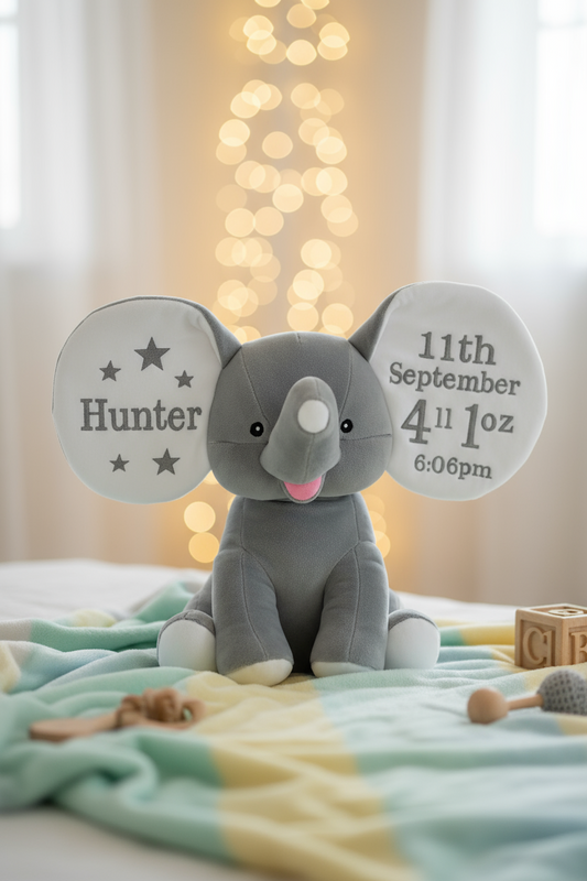 Personalized Grey Elephant with Birth Stats – Custom Embroidered Stuffed Animal for Baby Boy or Girl | Unisex Newborn Gift Keepsake