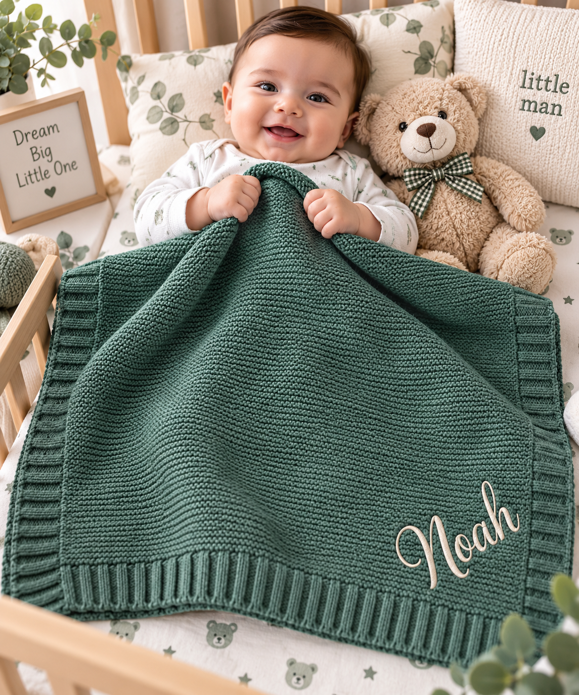Personalized 100% Organic Cotton Knit Baby Blanket – Custom Embroidered Name Baby Gift