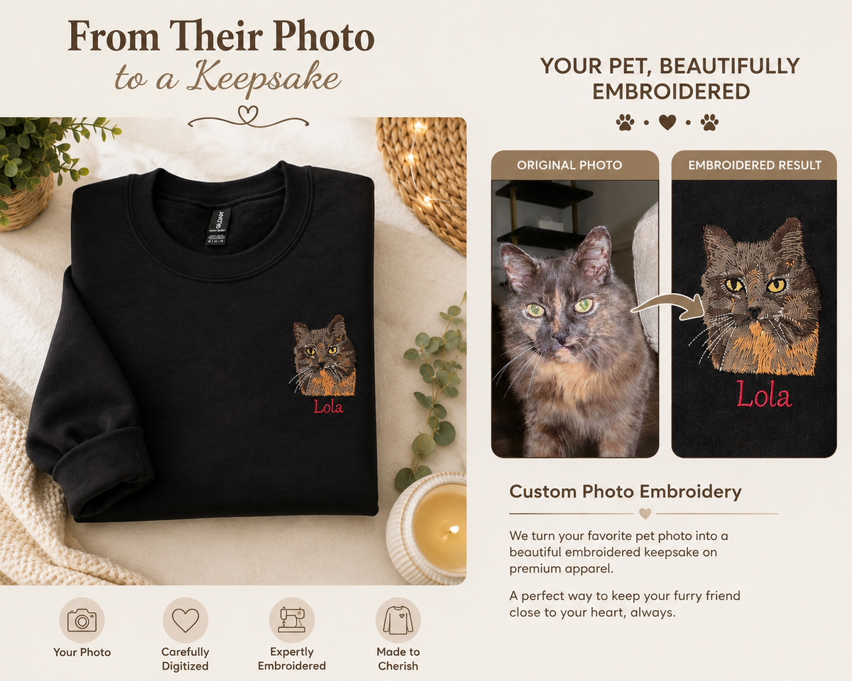 Custom Pet Portrait Embroidered Sweatshirt & Hoodie - Personalized Dog & Cat Portrait Gift