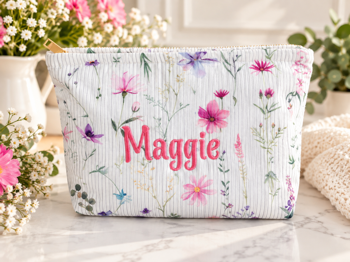 Personalized Corduroy Makeup Bag – Custom Name Floral Cosmetic Pouch, Zippered Toiletry Bag