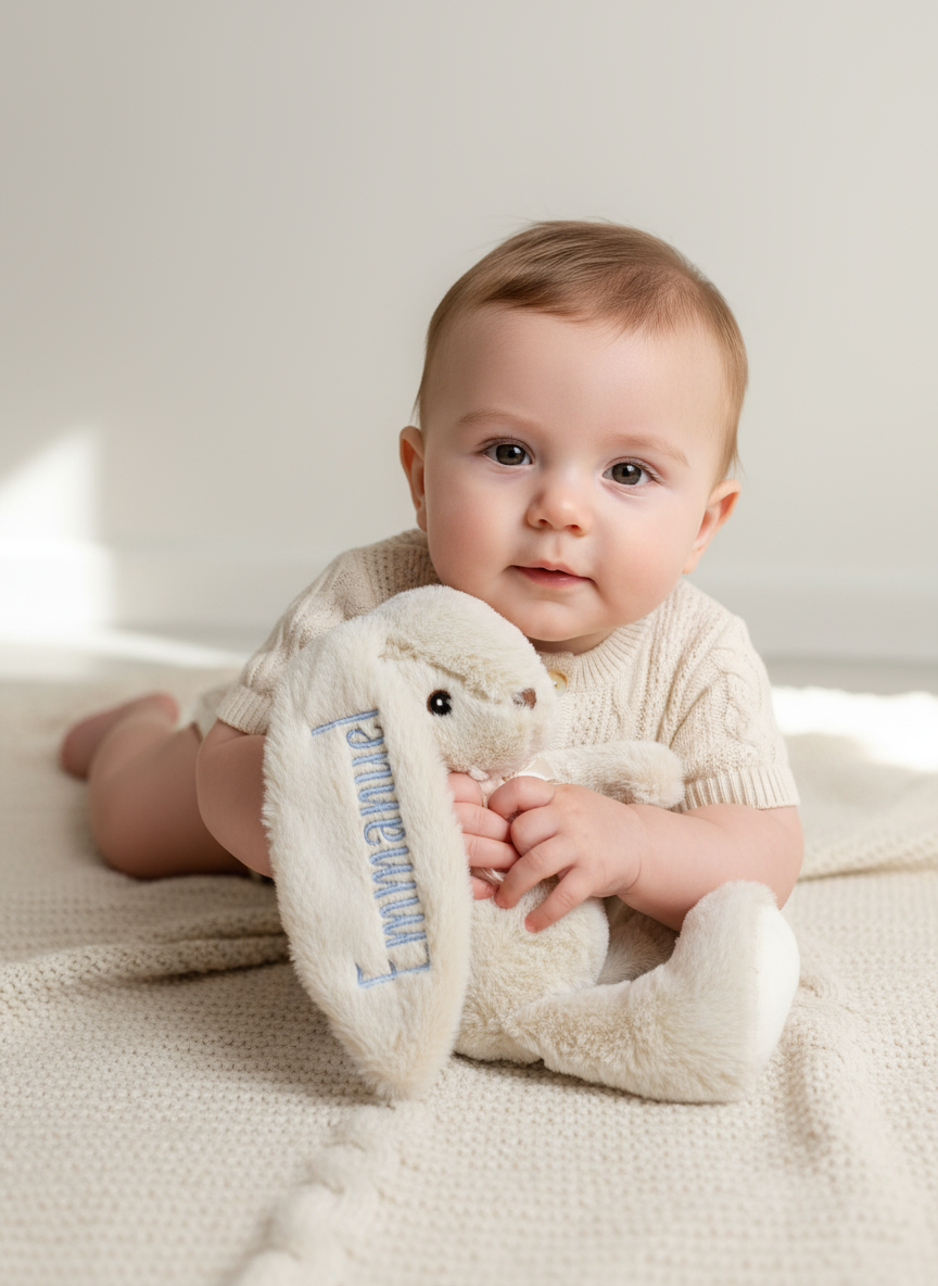 Personalized Embroidered Bunny Plush - Beige & Pink - 10" Custom Baby Gift