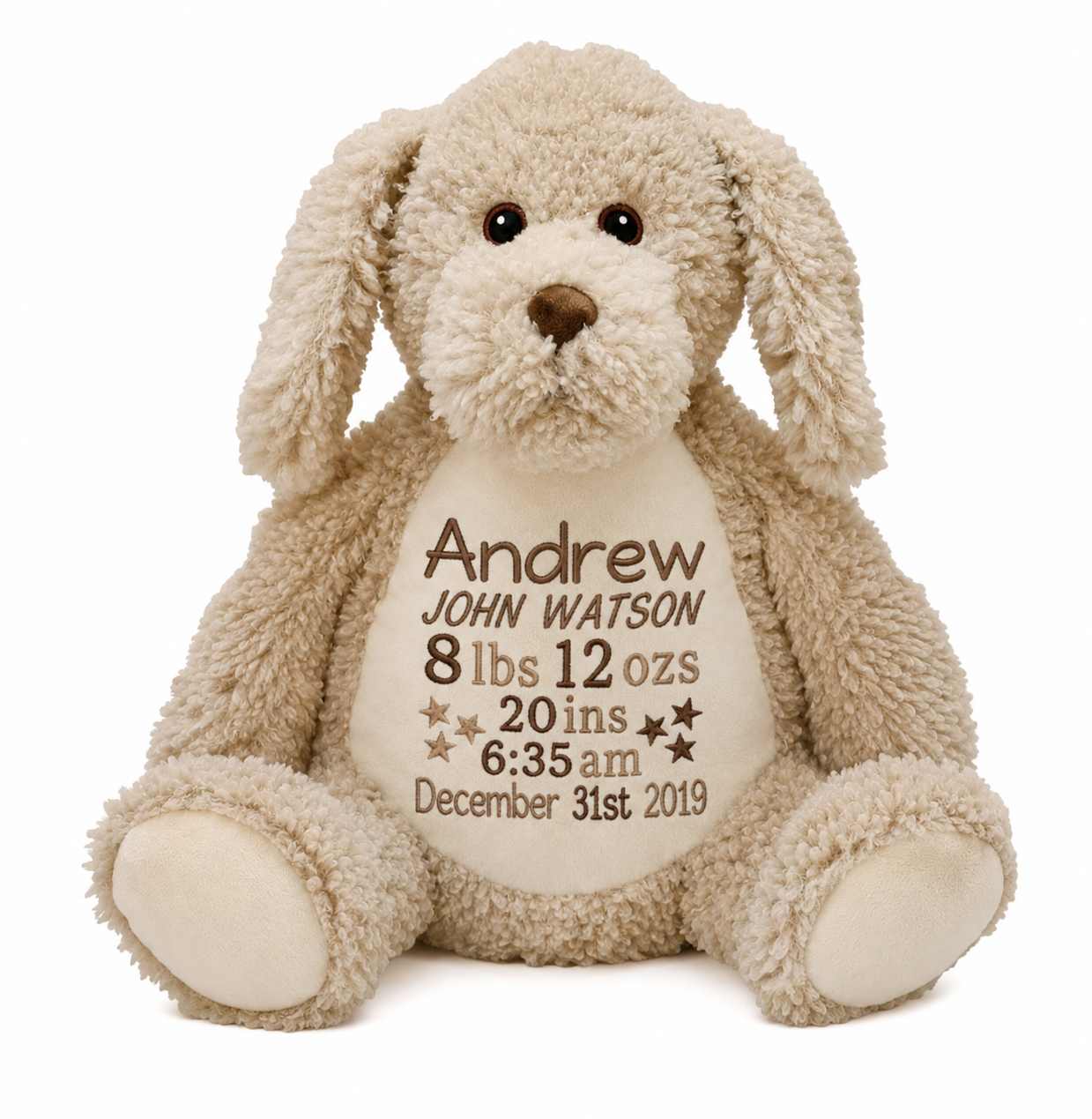 Personalized Dog Stuffed Animal – Custom Name or Birth Stats Plush | Baby Shower, Newborn & Keepsake Gift