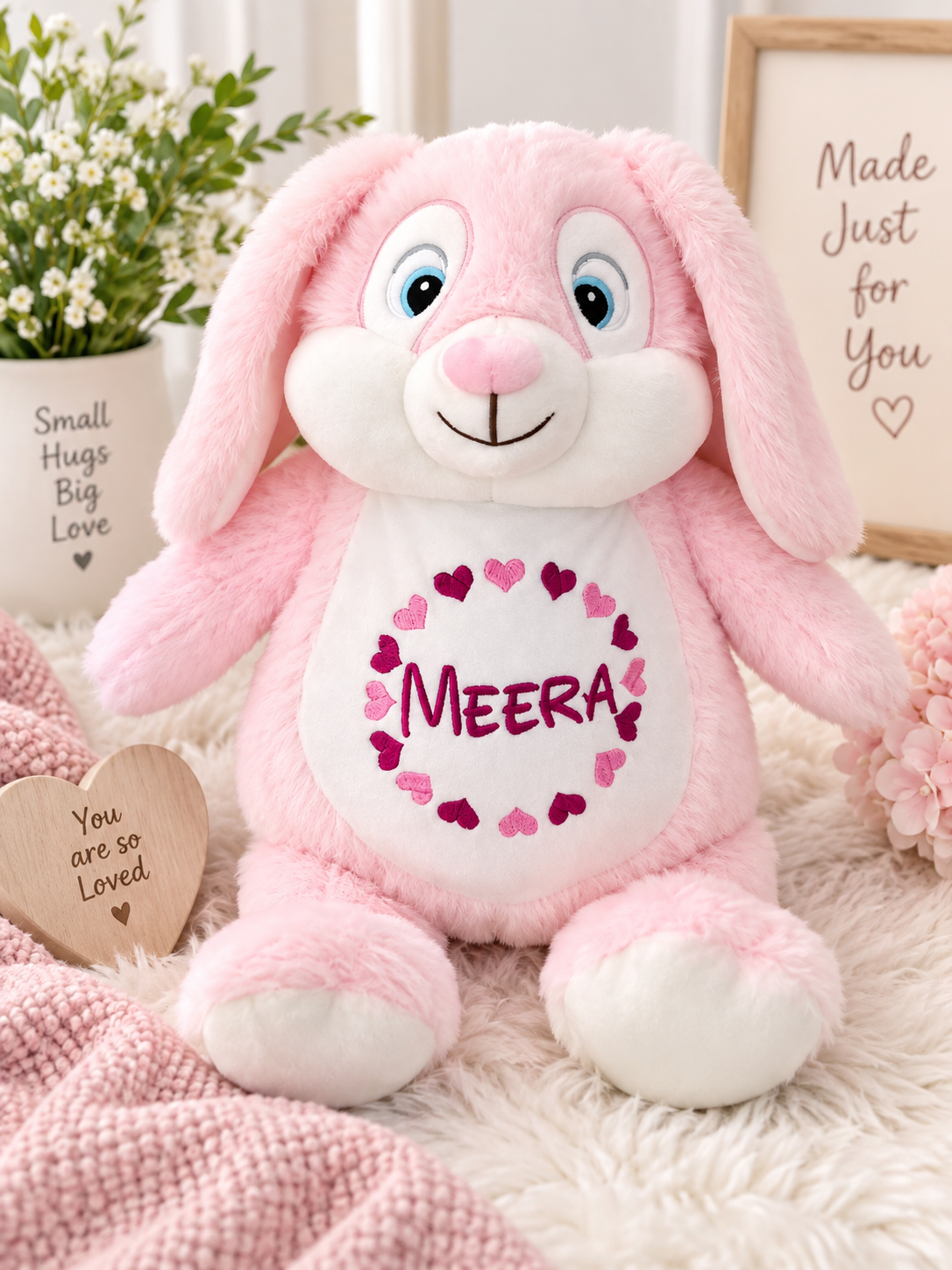 Personalized Pink Bunny Stuffed Animal – Custom Name or Birth Stats Embroidery