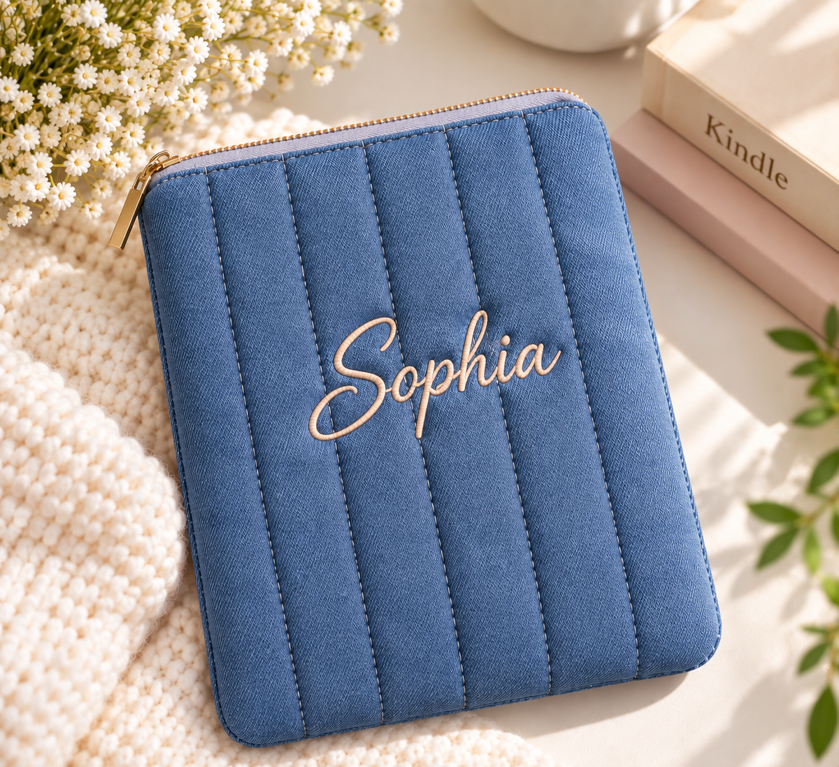 Personalized Handmade Denim Kindle Sleeve, Embroidered Name E-Reader Case, Padded Quilted Kobo Sleeve, Book Lover Gift, Christmas Gift for Her
