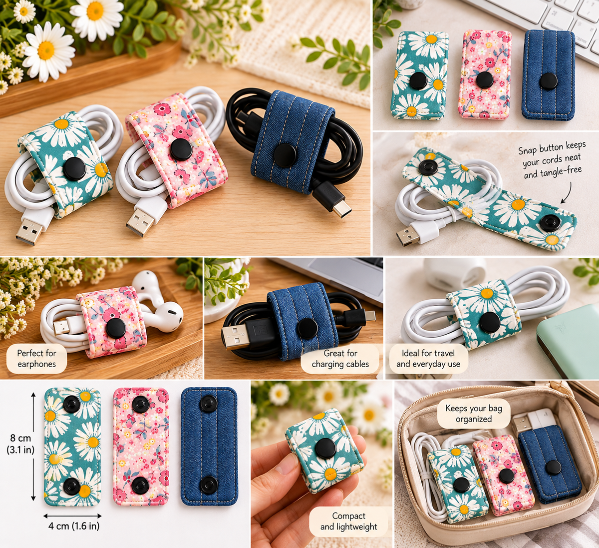 Handmade Fabric Cable Organizer – Reusable Snap Cord Holder, Floral & Denim Cable Wrap, Travel Tech Accessories, Stocking Stuffer Gift