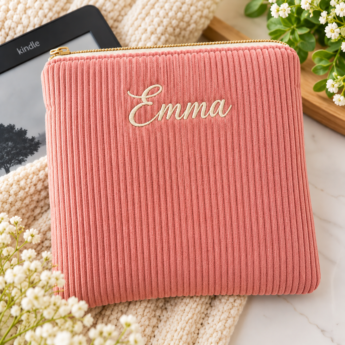 Personalized Handmade Kindle Sleeve, Embroidered Name Kindle Case, Padded Corduroy E-Reader Sleeve, Kobo Cover, Book Sleeve, Christmas Gift for Her