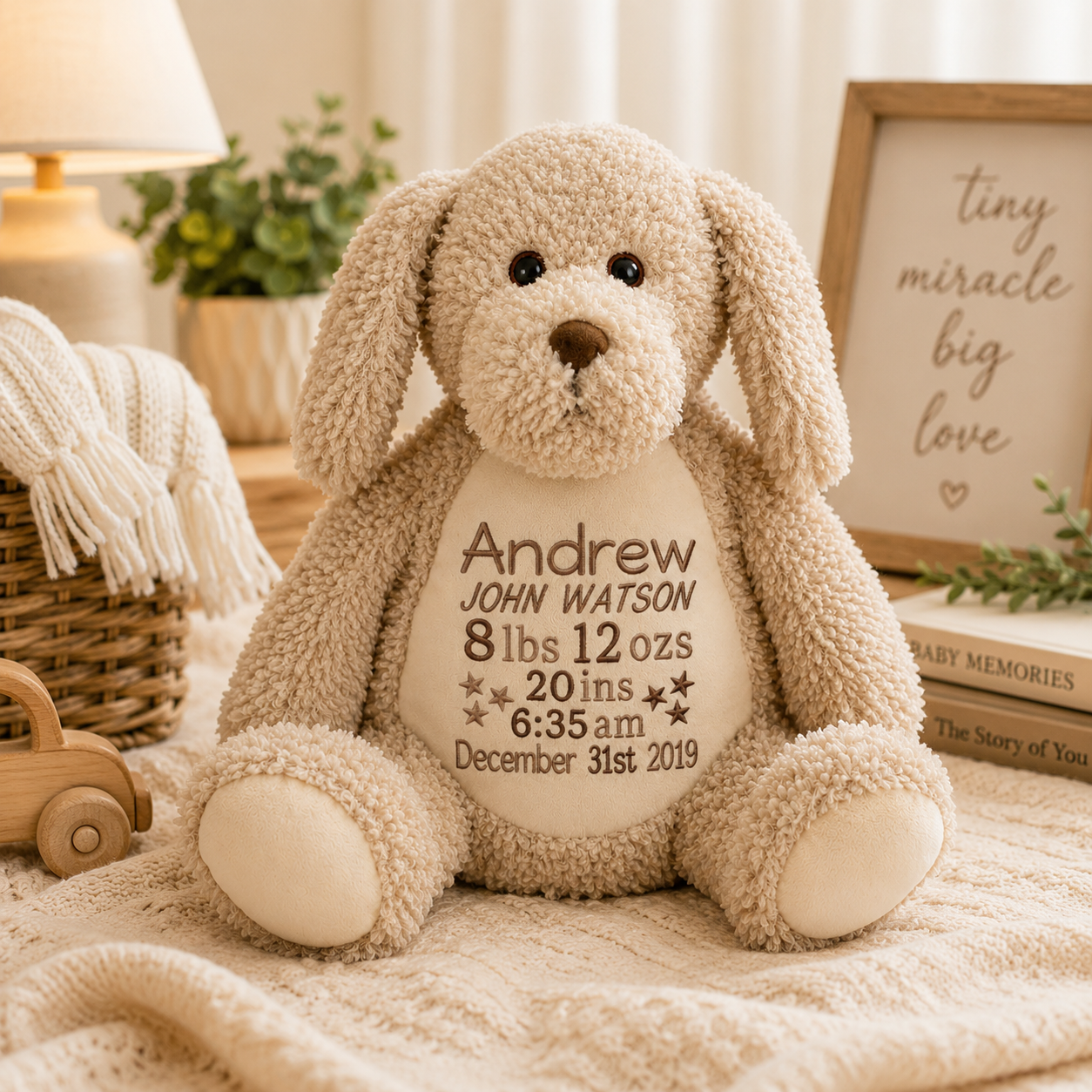 Personalized Dog Stuffed Animal – Custom Name or Birth Stats Plush | Baby Shower, Newborn & Keepsake Gift