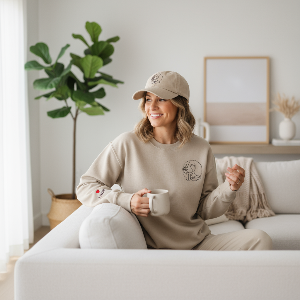 Custom Embroidered Pet Sweatshirt using Pet Photo, Outline Embroidery, Outline  Pet Name on sleeve with heart