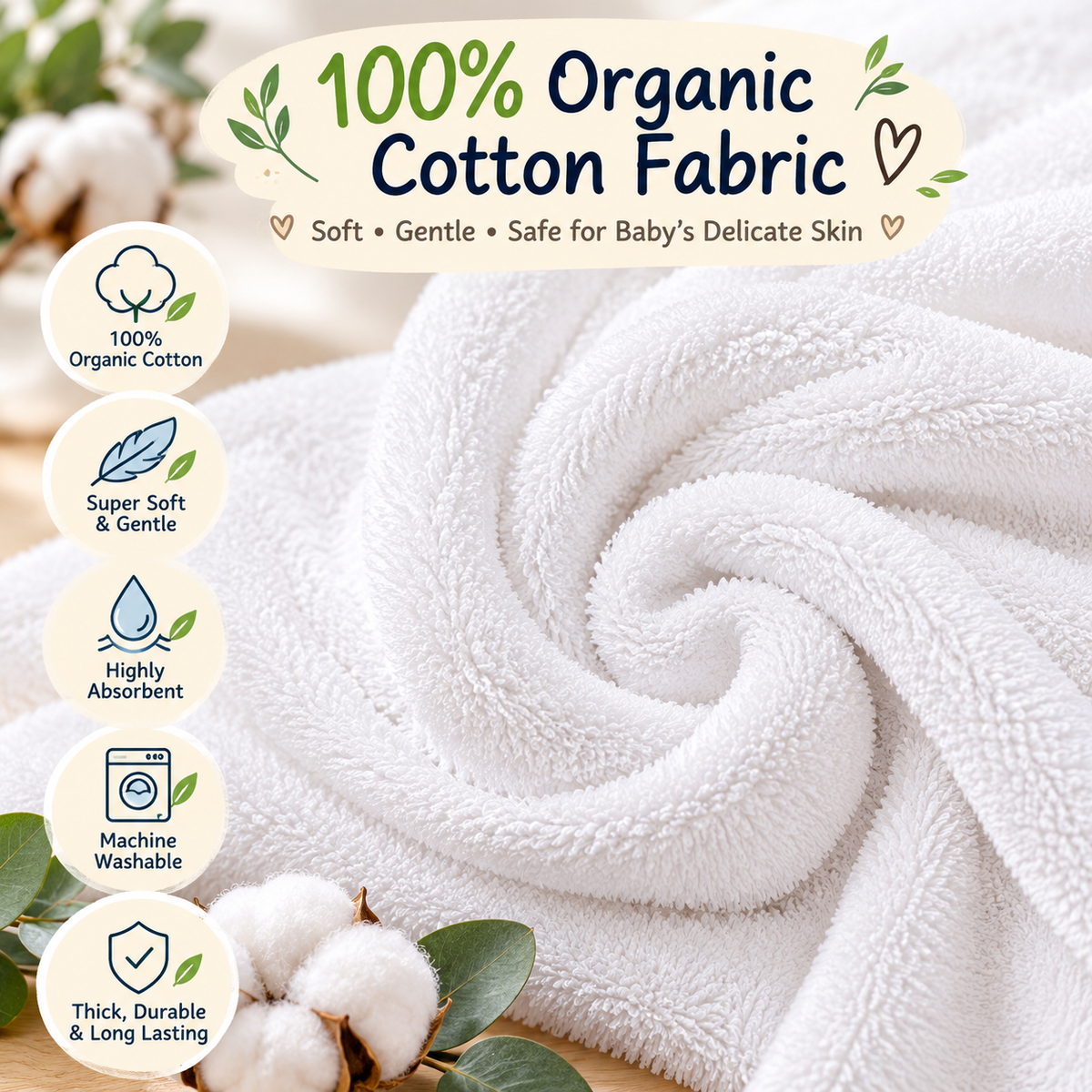Personalized 100% Organic Cotton Baby Hooded Towel – Custom Embroidered Name | Baby Shower & Newborn Gift