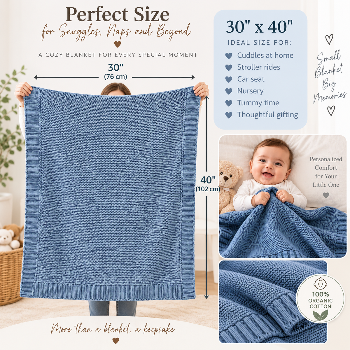 Personalized 100% Organic Cotton Knit Baby Blanket – Custom Embroidered Name Baby Gift
