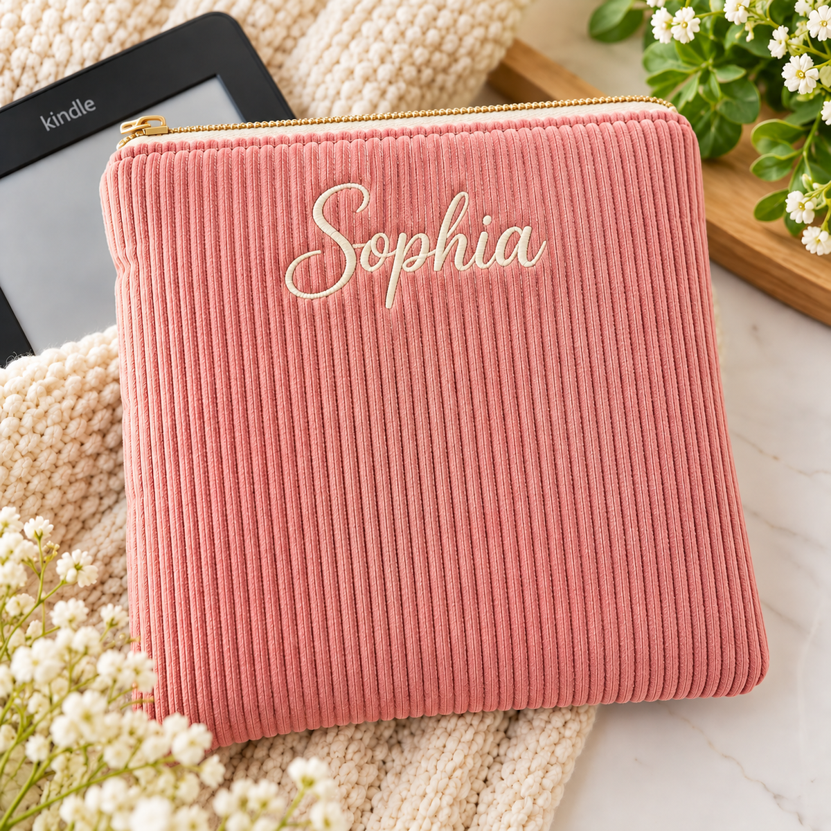 Personalized Handmade Kindle Sleeve, Embroidered Name Kindle Case, Padded Corduroy E-Reader Sleeve, Kobo Cover, Book Sleeve, Christmas Gift for Her