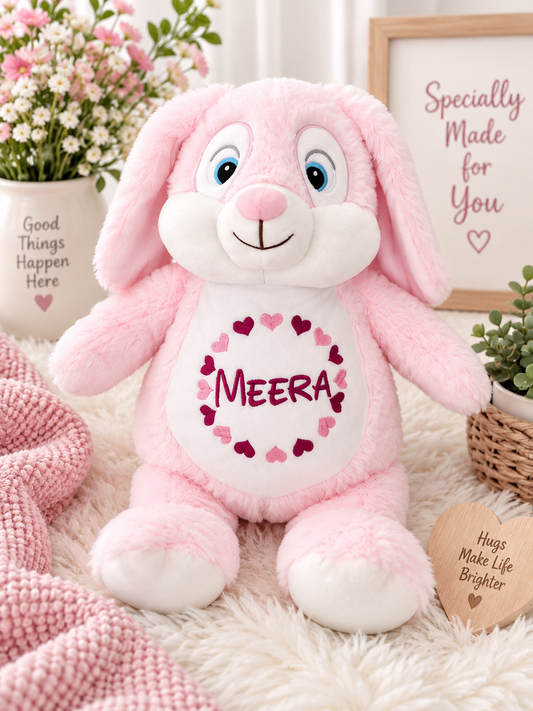 Personalized Pink Bunny Stuffed Animal – Custom Name or Birth Stats Embroidery