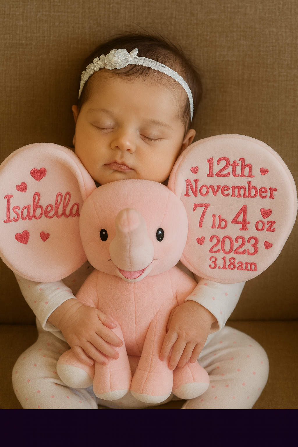 Personalized Pink Elephant with Birth Stats – Custom Embroidered Baby Girl Keepsake Gift