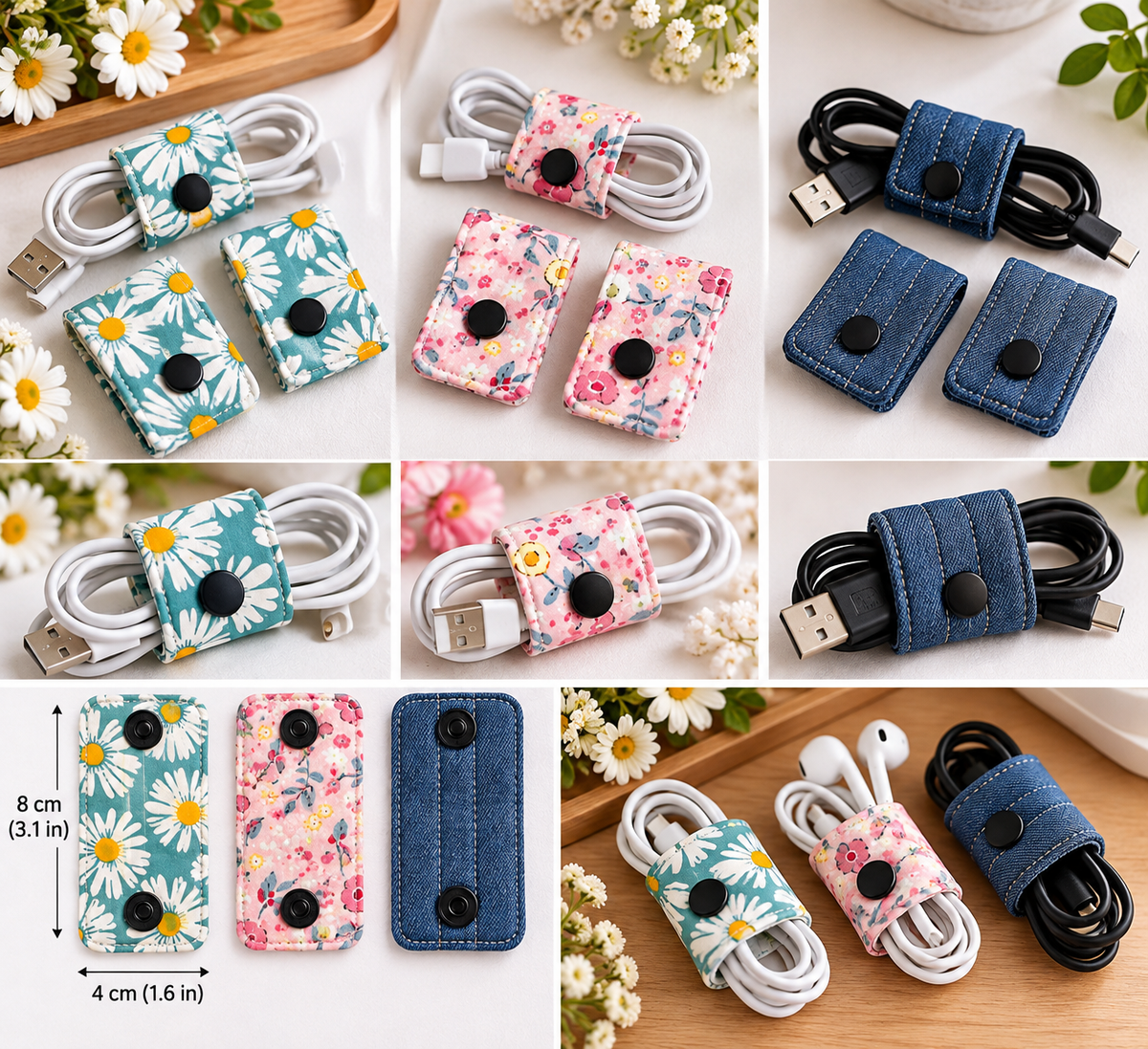 Handmade Fabric Cable Organizer – Reusable Snap Cord Holder, Floral & Denim Cable Wrap, Travel Tech Accessories, Stocking Stuffer Gift
