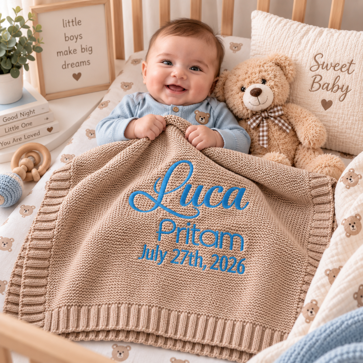Personalized 100% Organic Cotton Knit Baby Blanket – Custom Embroidered Name Baby Gift