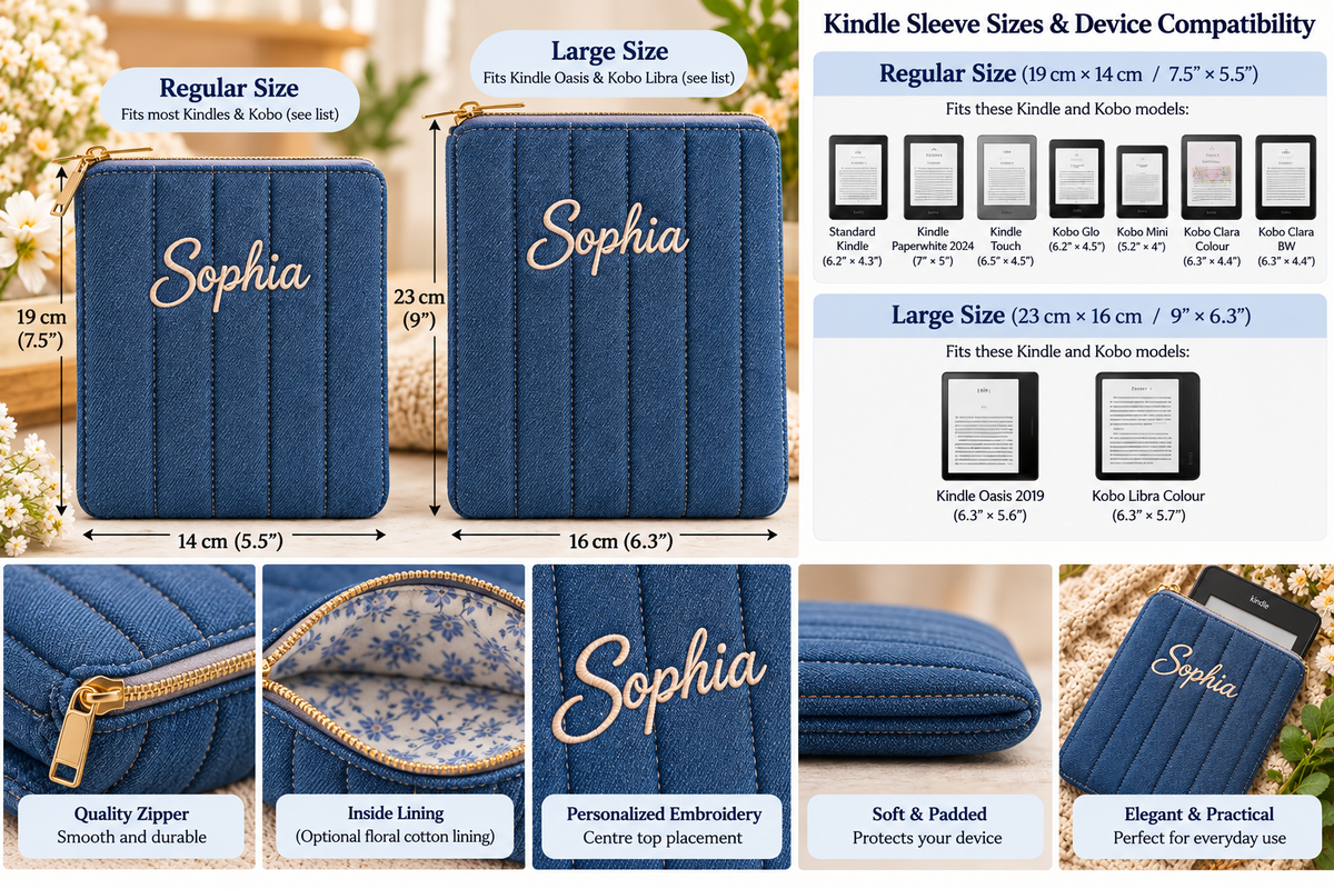 Personalized Handmade Denim Kindle Sleeve, Embroidered Name E-Reader Case, Padded Quilted Kobo Sleeve, Book Lover Gift, Christmas Gift for Her