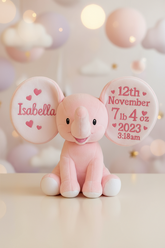 Personalized Pink Elephant with Birth Stats – Custom Embroidered Baby Girl Keepsake Gift