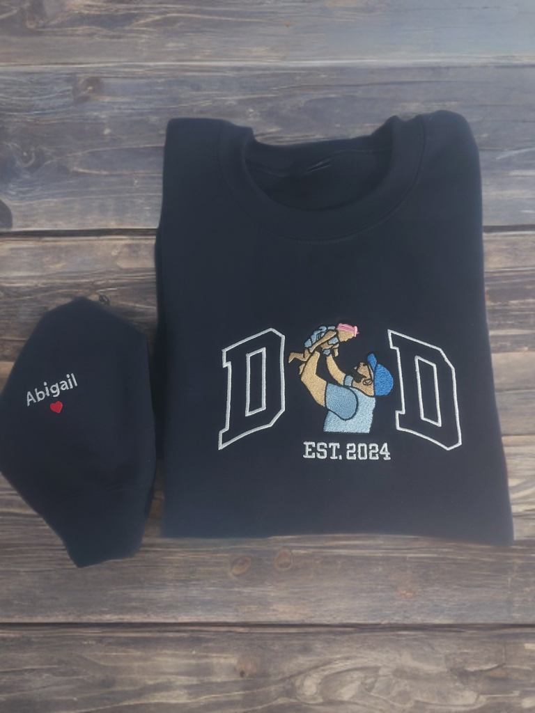 Personalized Dad Photo Embroidery Sweatshirt – Custom Father & Child Portrait, Minimal Line Art, Meaningful Dad Gift