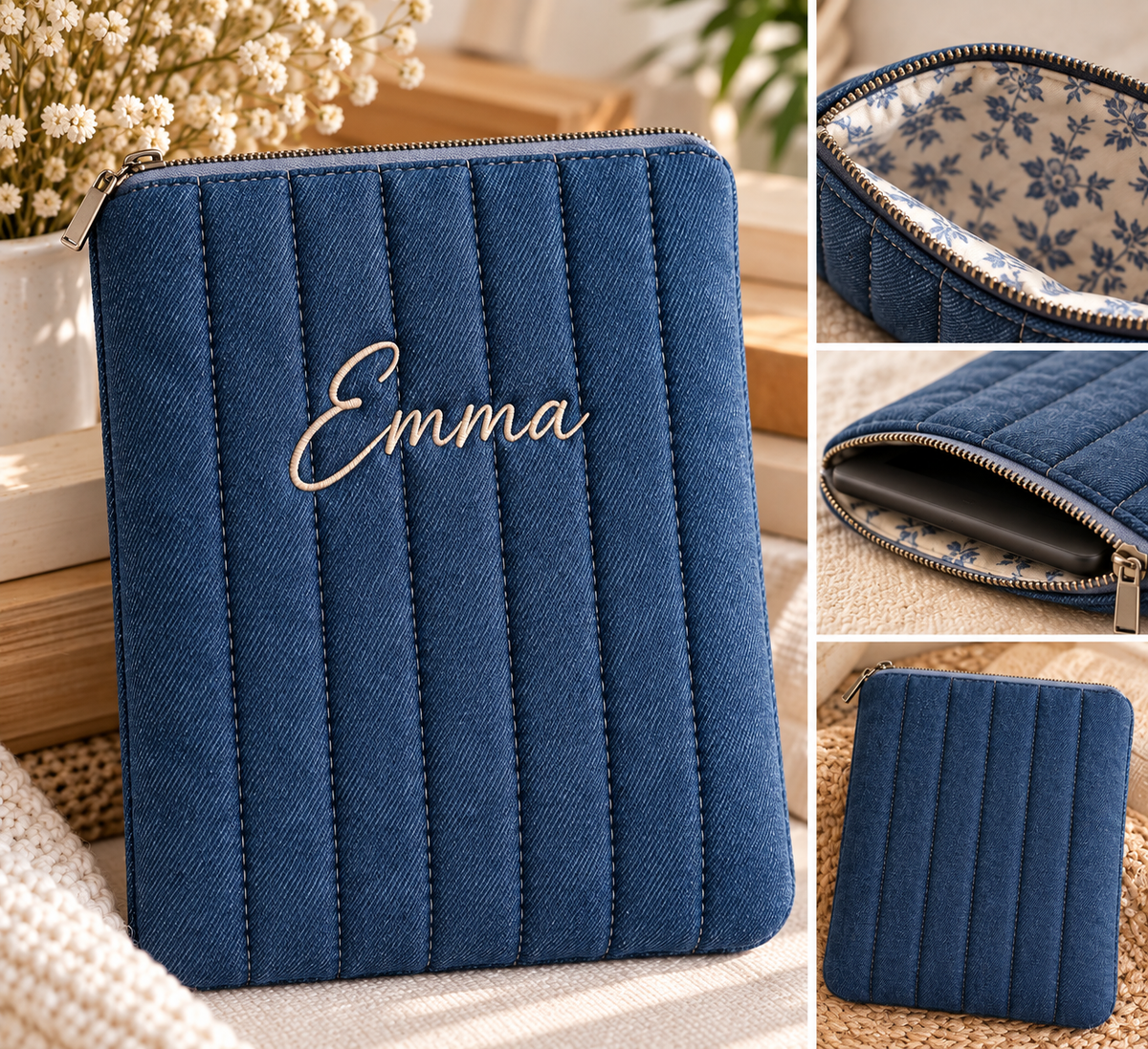 Personalized Handmade Denim Kindle Sleeve, Embroidered Name E-Reader Case, Padded Quilted Kobo Sleeve, Book Lover Gift, Christmas Gift for Her