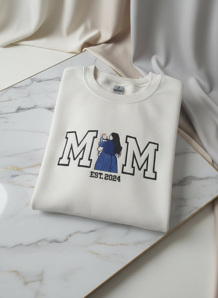 Personalized Dad Photo Embroidery Sweatshirt – Custom Father & Child Portrait, Minimal Line Art, Meaningful Dad Gift