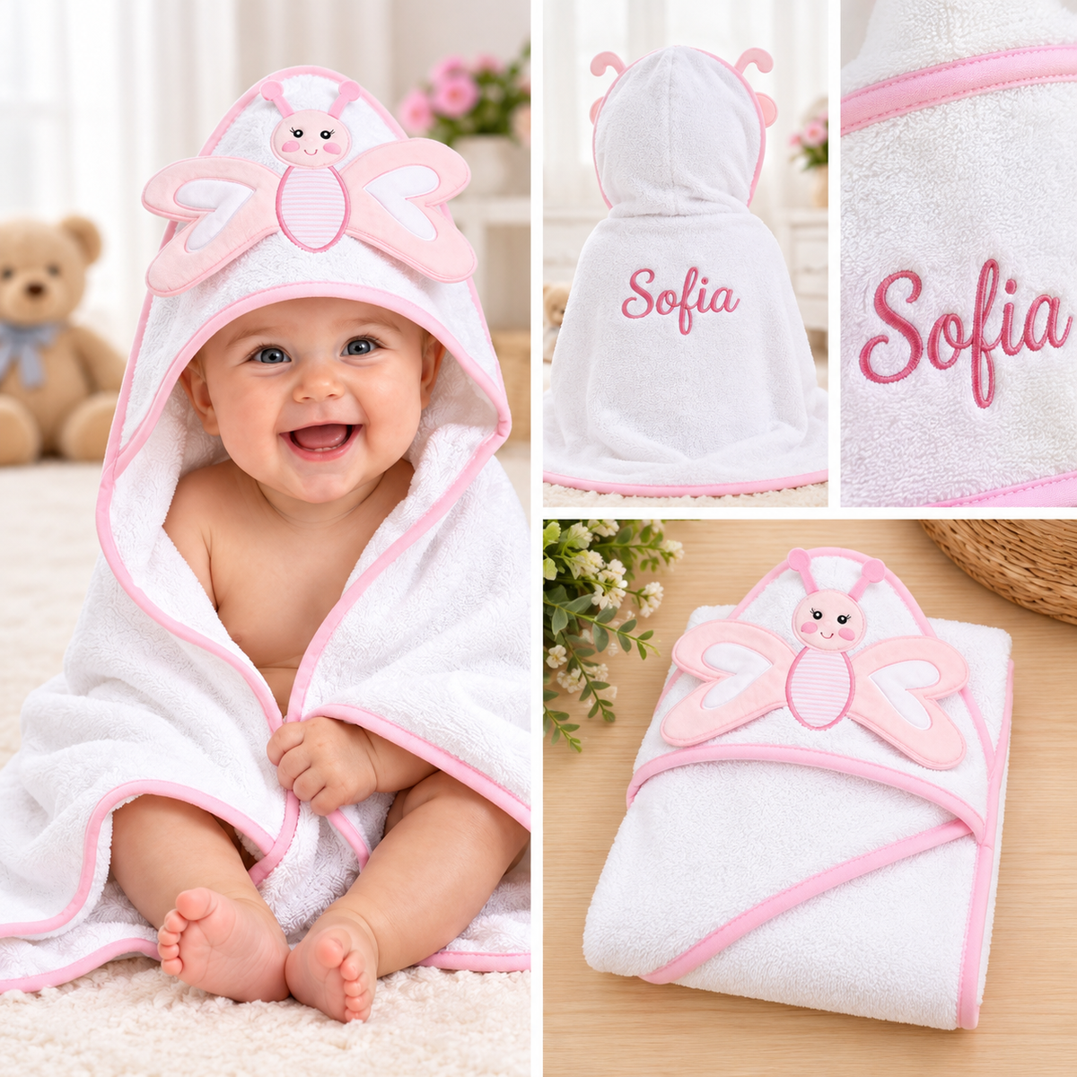 Personalized 100% Organic Cotton Baby Hooded Towel – Custom Embroidered Name | Baby Shower & Newborn Gift