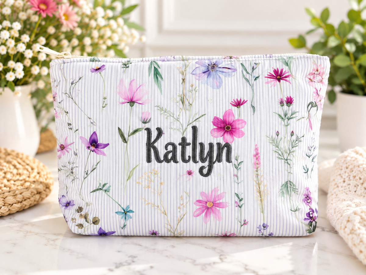 Personalized Corduroy Makeup Bag – Custom Name Floral Cosmetic Pouch, Zippered Toiletry Bag