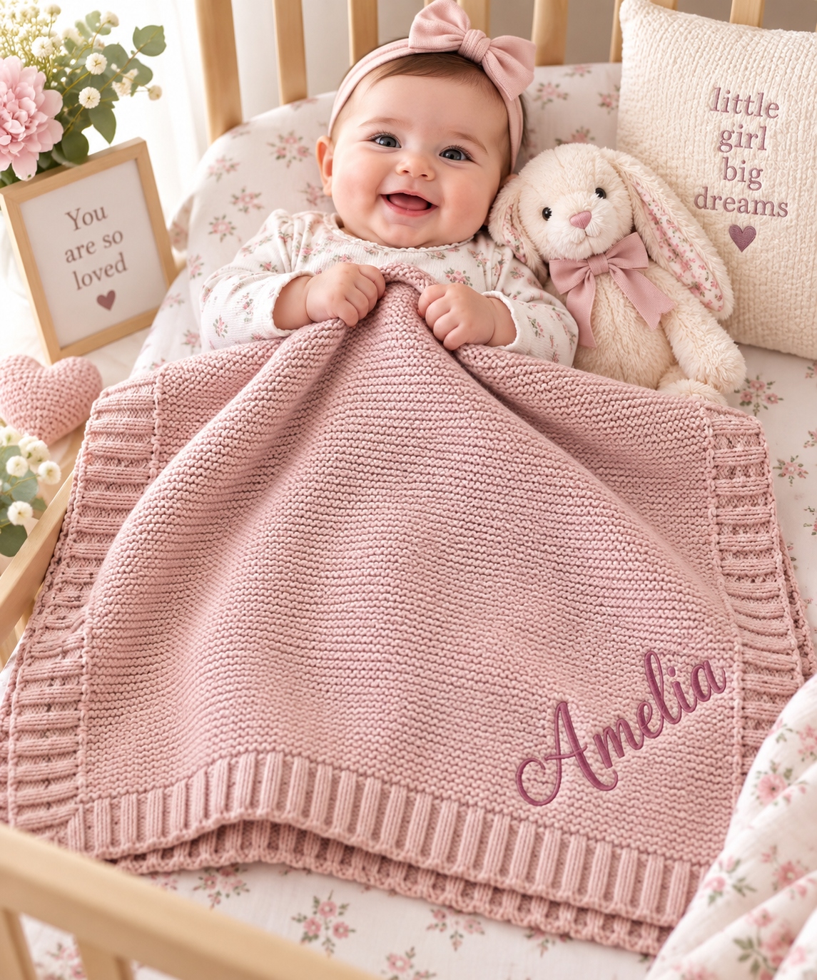 Personalized 100% Organic Cotton Knit Baby Blanket – Custom Embroidered Name Baby Gift