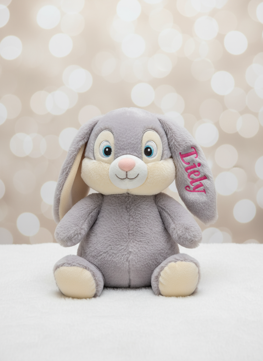 Grey Bunny with Ear Name Embroidery – Newborn & Baby Gift Boy/Girl  - 12" sitting