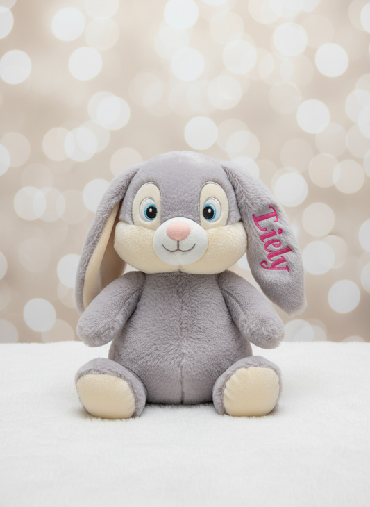 Grey Bunny with Ear Name Embroidery – Newborn & Baby Gift Boy/Girl  - 12" sitting