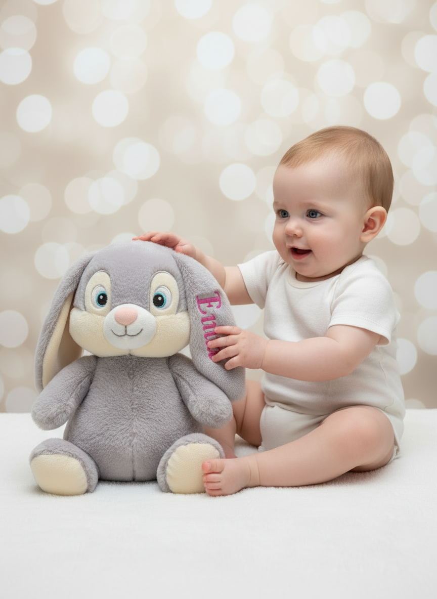 Grey Bunny with Ear Name Embroidery – Newborn & Baby Gift Boy/Girl  - 12" sitting