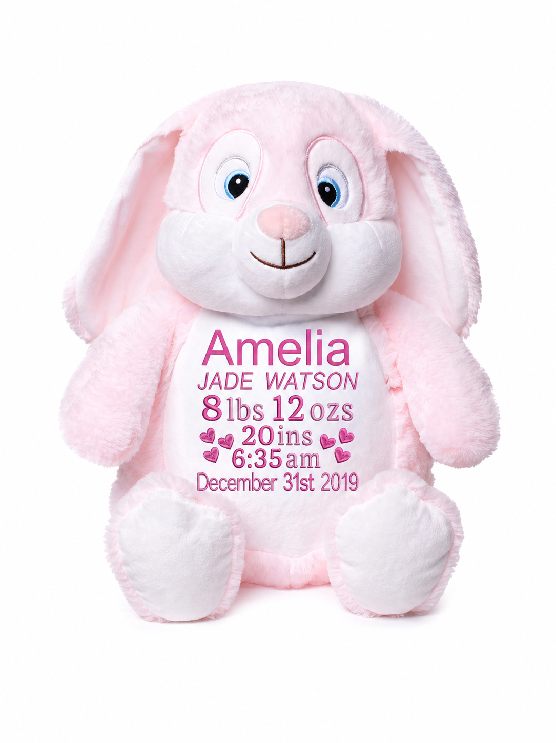 Personalized Pink Bunny Stuffed Animal – Custom Name or Birth Stats Embroidery