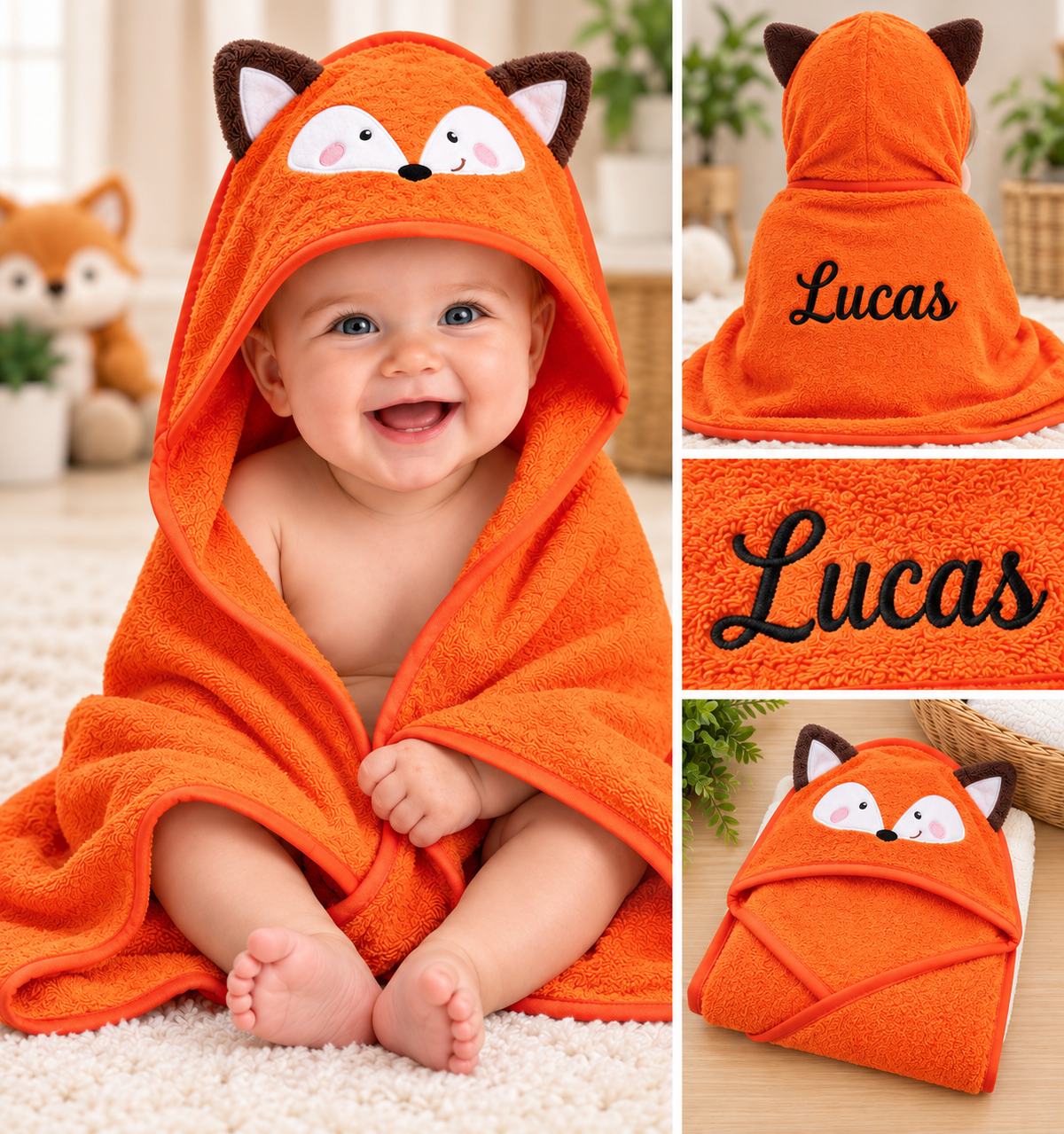 Personalized 100% Organic Cotton Baby Hooded Towel – Custom Embroidered Name | Baby Shower & Newborn Gift