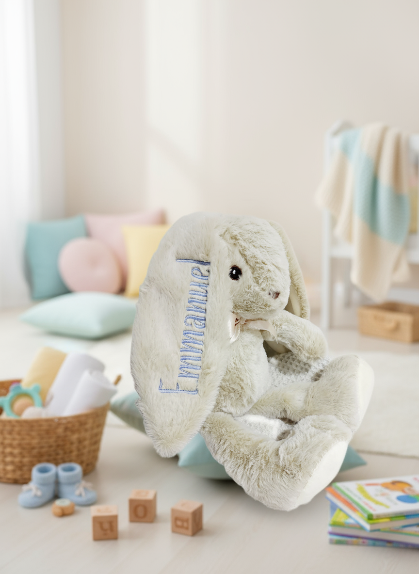 Personalized Embroidered Bunny Plush - Beige & Pink - 10" Custom Baby Gift