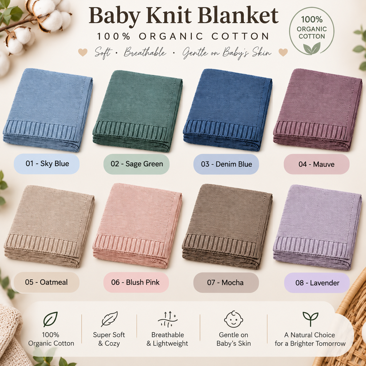 Personalized 100% Organic Cotton Knit Baby Blanket – Custom Embroidered Name Baby Gift