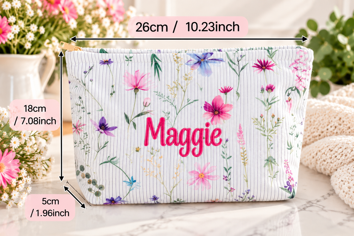 Personalized Corduroy Makeup Bag – Custom Name Floral Cosmetic Pouch, Zippered Toiletry Bag