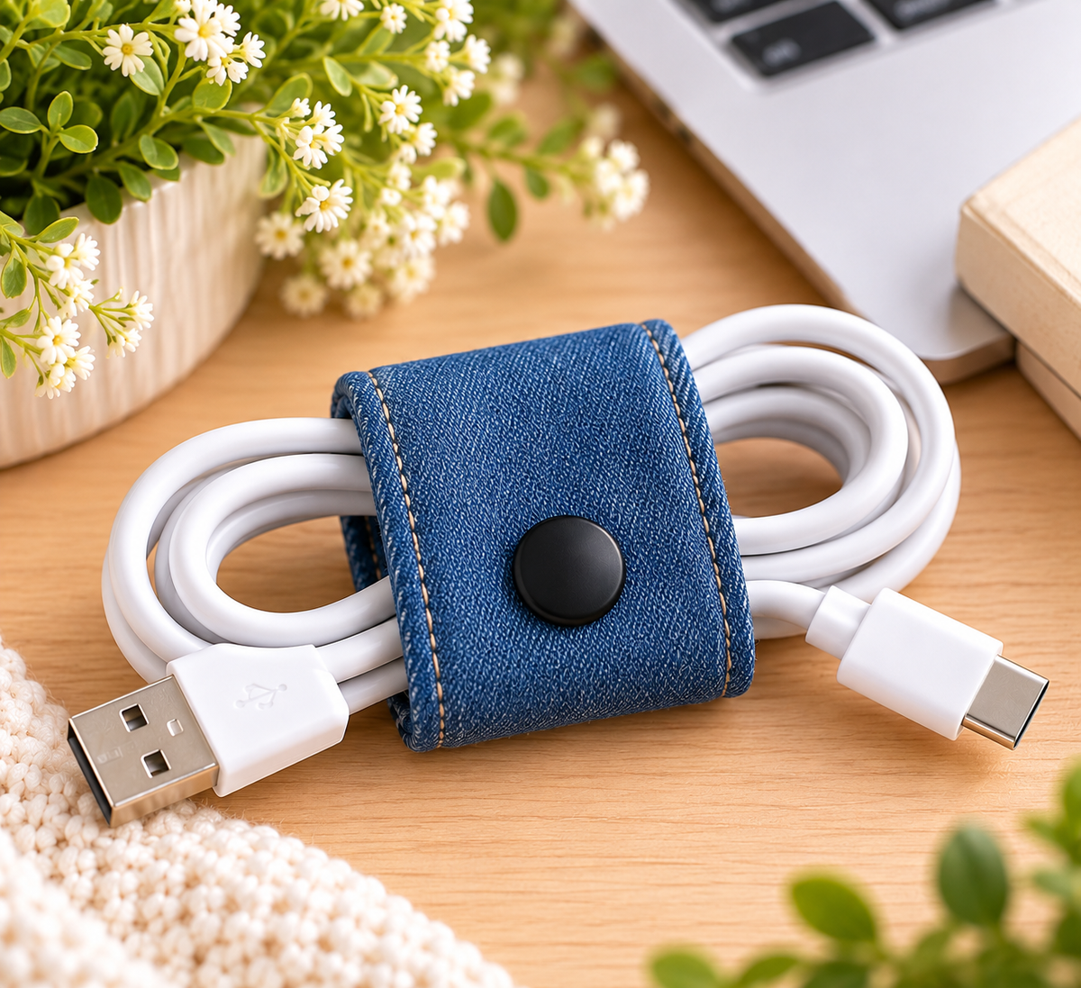Handmade Fabric Cable Organizer – Reusable Snap Cord Holder, Floral & Denim Cable Wrap, Travel Tech Accessories, Stocking Stuffer Gift