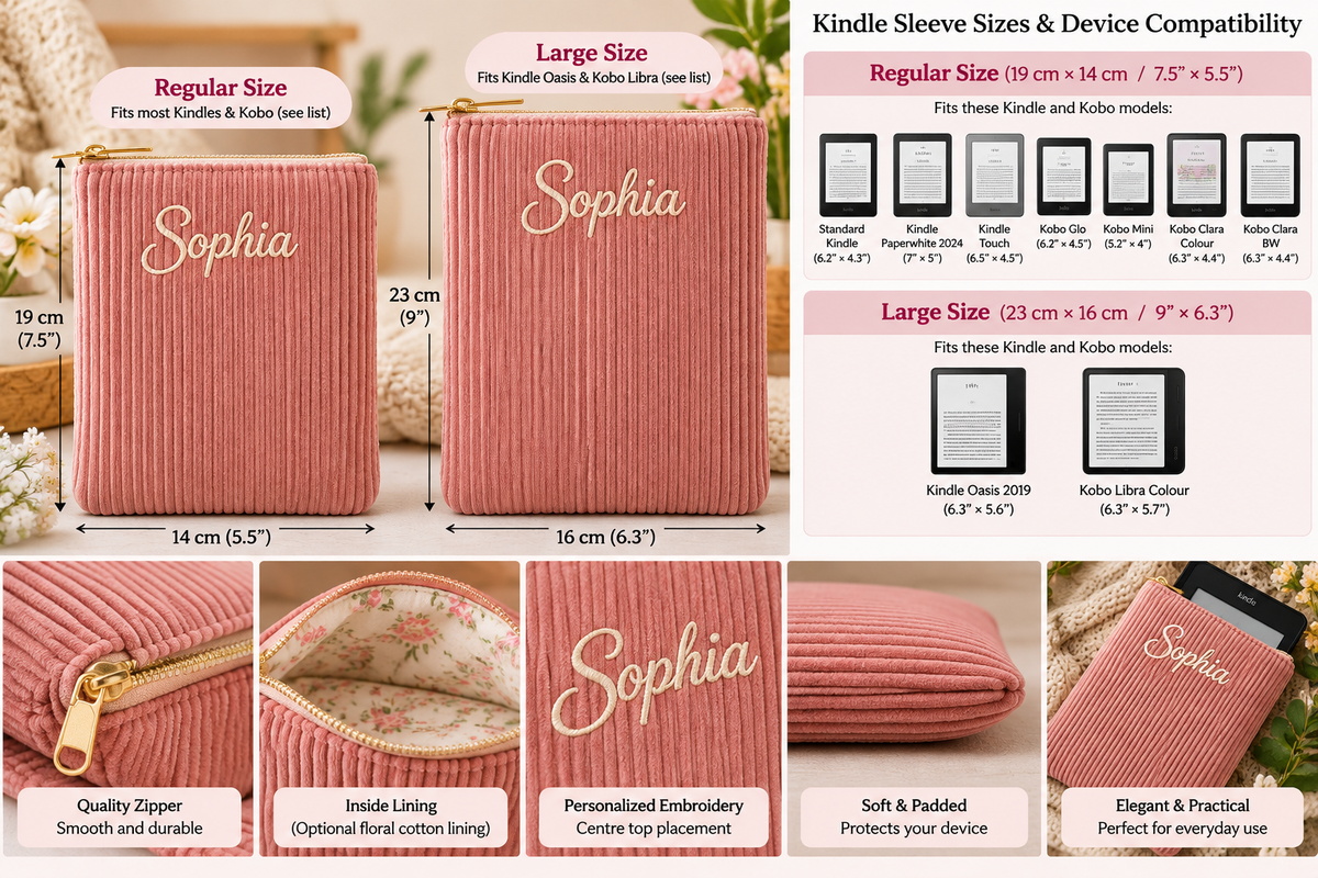 Personalized Handmade Kindle Sleeve, Embroidered Name Kindle Case, Padded Corduroy E-Reader Sleeve, Kobo Cover, Book Sleeve, Christmas Gift for Her