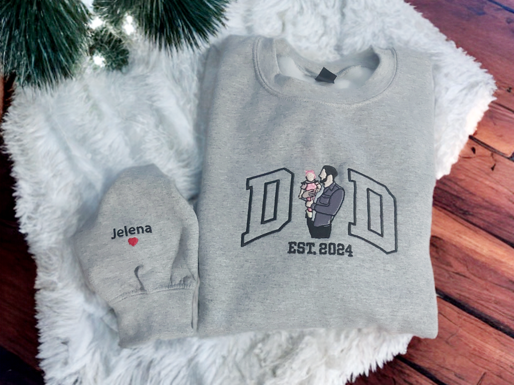 Personalized Dad Photo Embroidery Sweatshirt – Custom Father & Child Portrait, Minimal Line Art, Meaningful Dad Gift